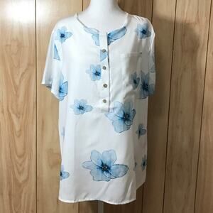 Floral Round Neck Button-Up Short Sleeve Blouse XL